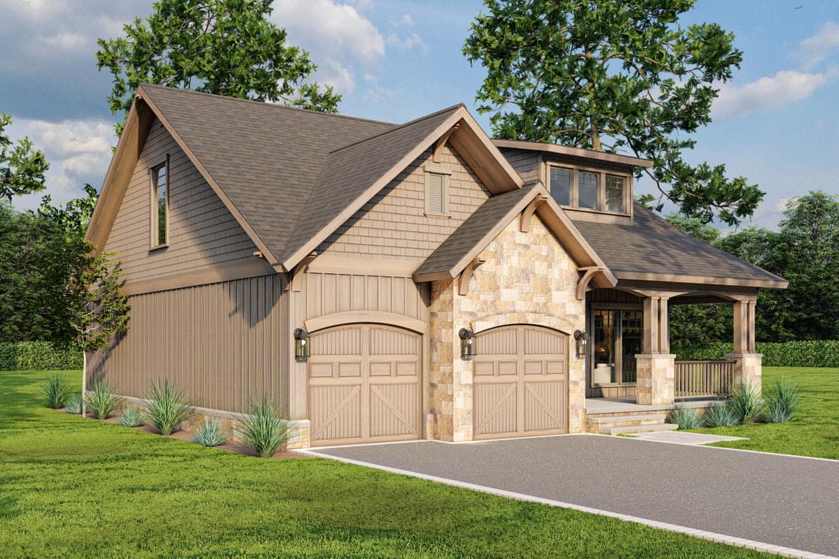 House plan exterior: Craftsman style, two-story with stone accents, twin arched garages, and covered front porch.