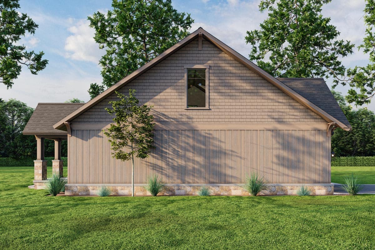 House plan exterior with shake siding, vertical board siding, stone foundation, gabled roof, and covered porch with stone pillars.