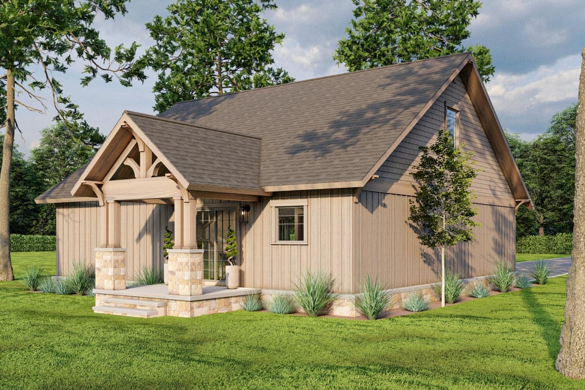 Modern Craftsman house plan exterior, one story, featuring a covered front porch with timber brackets, stone base pillars, and vertical siding.