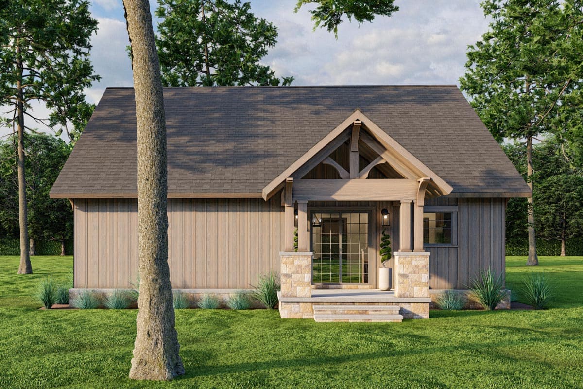 House plan exterior: One-story Craftsman style with wood siding, stone-accented porch, gabled roof, and exposed rafter tails.