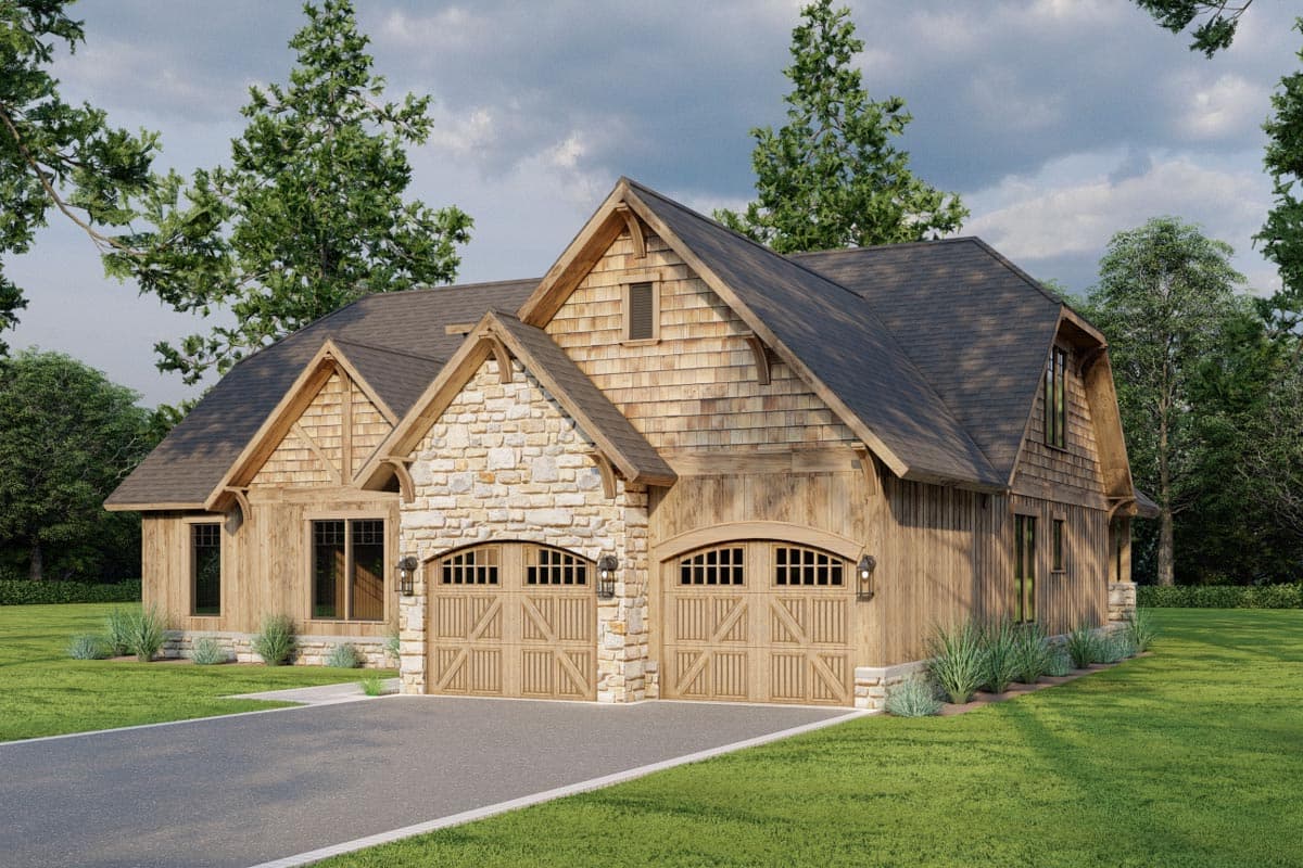 House plan exterior with stone and wood siding, two arched garage doors, and multiple gables with timber accents.