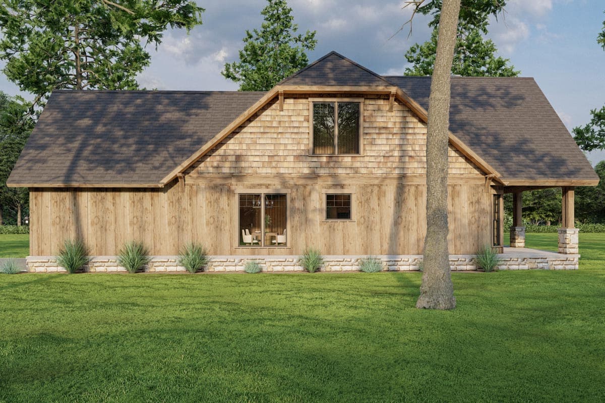 House plan exterior: Two-story Modern Farmhouse with wood siding, stone foundation, gabled dormer, and covered porch with stone supports.