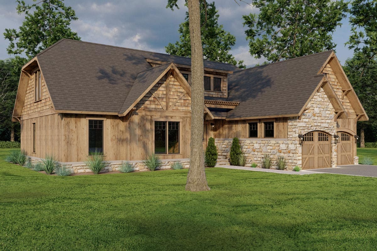 Craftsman style house plan exterior with stone and wood siding, gambrel dormer, and double garage doors.