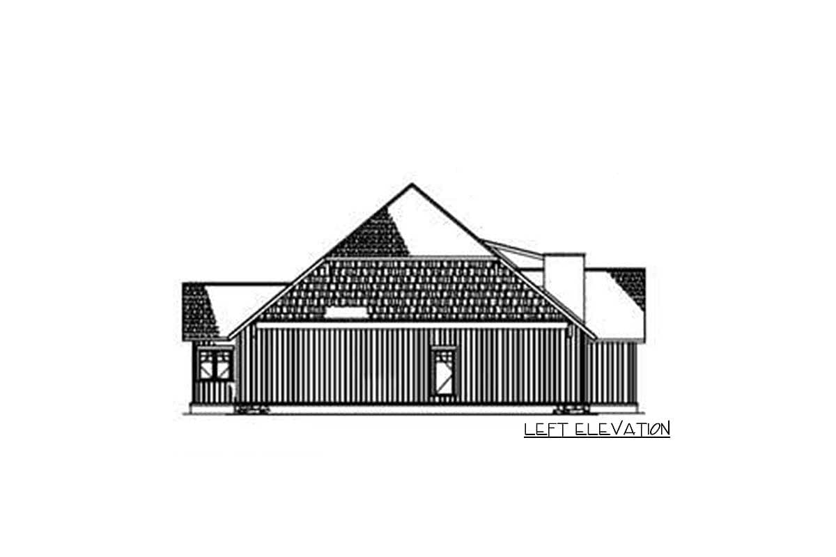 Left elevation of a house plan showing a prominent gable with a hip roof, dormer, and chimney.