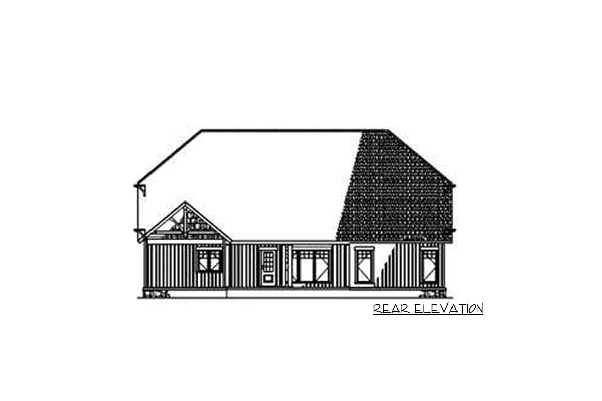 Rear elevation drawing of a one-story house plan with a prominent gable and multiple windows.