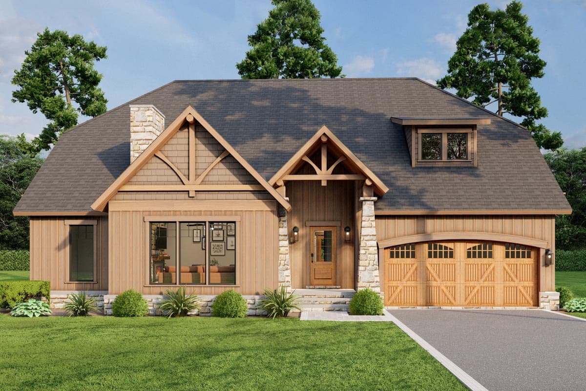 House plan exterior featuring Craftsman-style elements, with a gabled roof, timber frame detailing, and a detached garage with arched door.