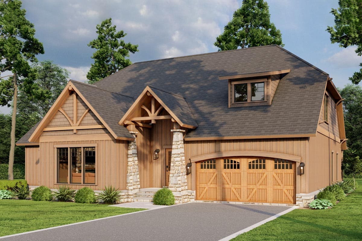 Craftsman style house plan exterior with stone columns, timber accents, arched garage door, and prominent gables.