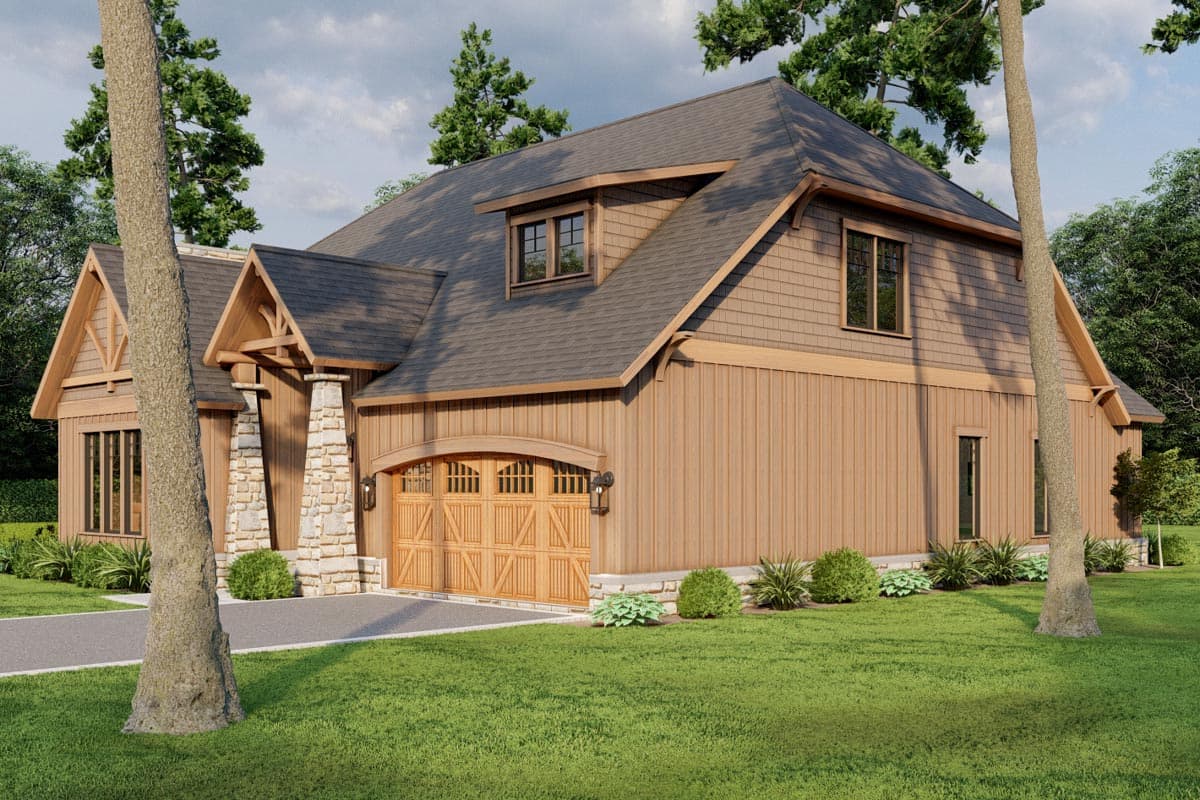 House plan exterior featuring wood siding, stone accents, a gabled entrance, and a multi-panel wood garage door.