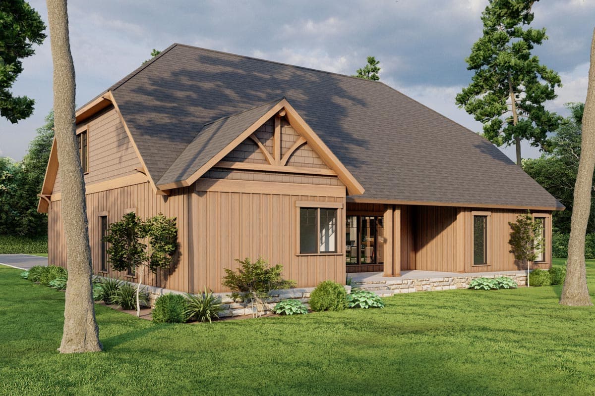 Modern Farmhouse house plan exterior with wood siding, prominent gable with decorative rafter tails, and covered entry porch.