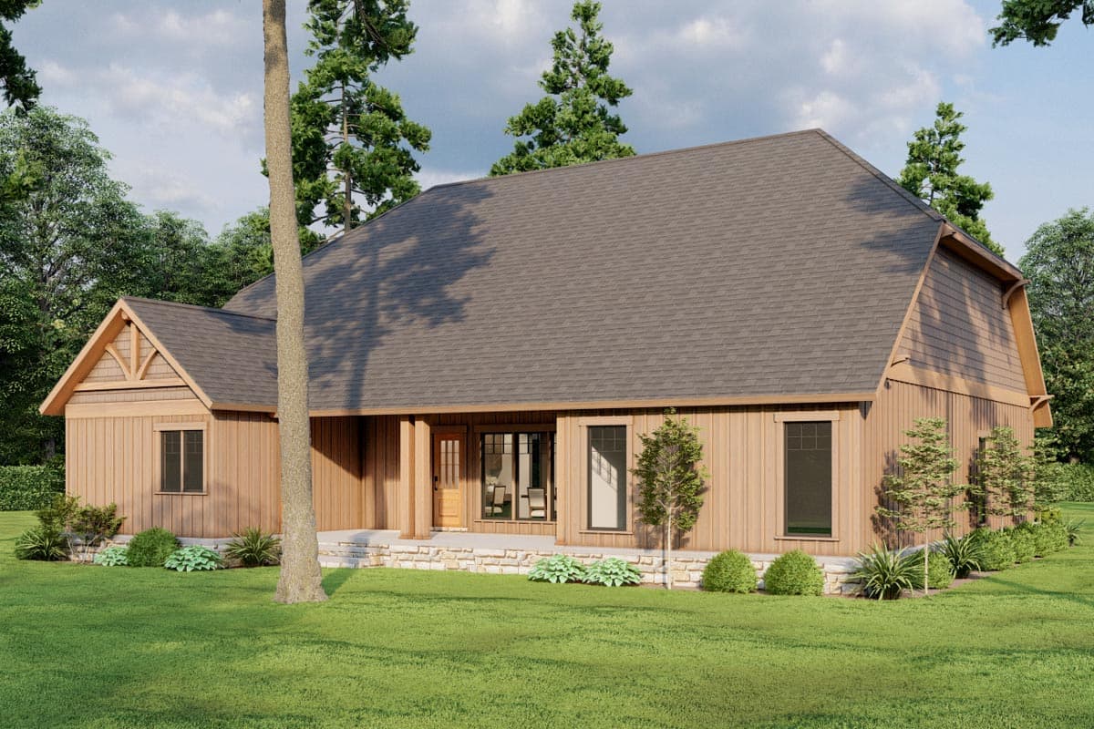 House plan exterior rendering showing a Modern Farmhouse style home with a gabled dormer, wood siding, and covered front porch.