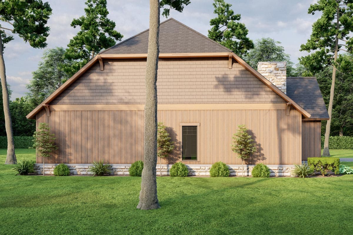 House plan exterior: Ranch style, wood siding, stone foundation, gable roof, stone chimney, and one visible window.
