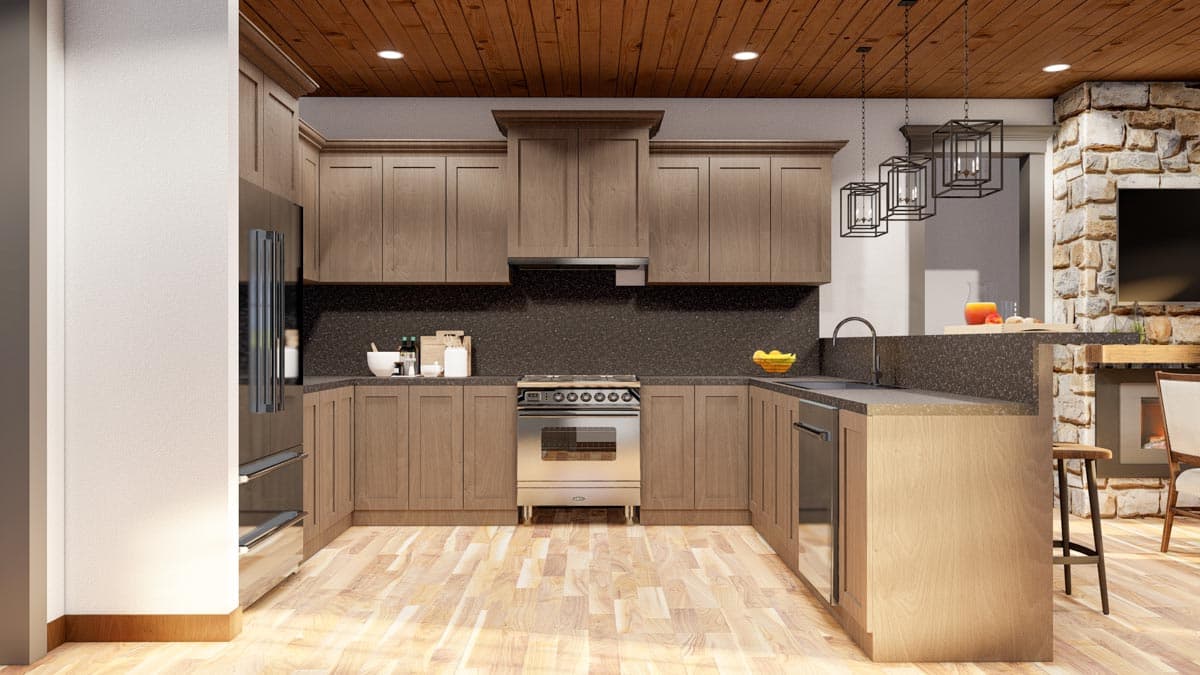 Kitchen with natural wood cabinets, dark speckled countertops, stainless steel appliances, and a wood plank ceiling.