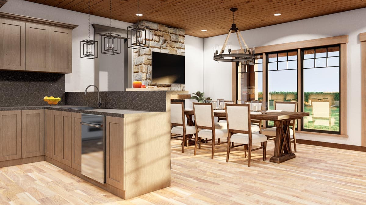 Interior rendering of a dining area and kitchen with wood ceiling, stone fireplace, large windows, and light wood floors.