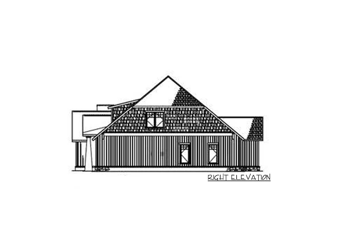 House plan right elevation drawing showing vertical siding, gabled dormer with two windows, and multiple windows.
