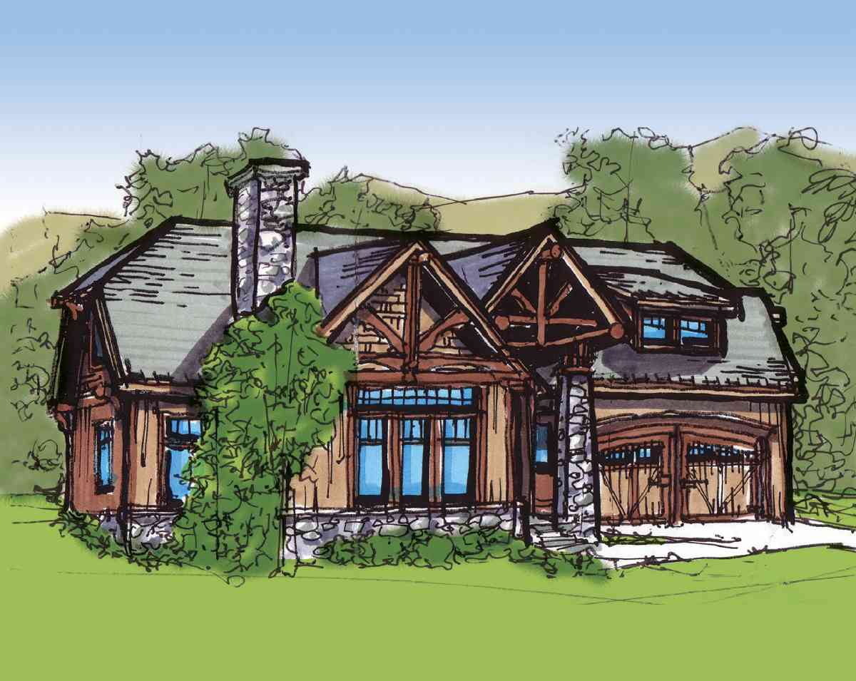 Craftsman style house plan exterior with stone chimney, timber accents, multiple gables, and a two-car garage.
