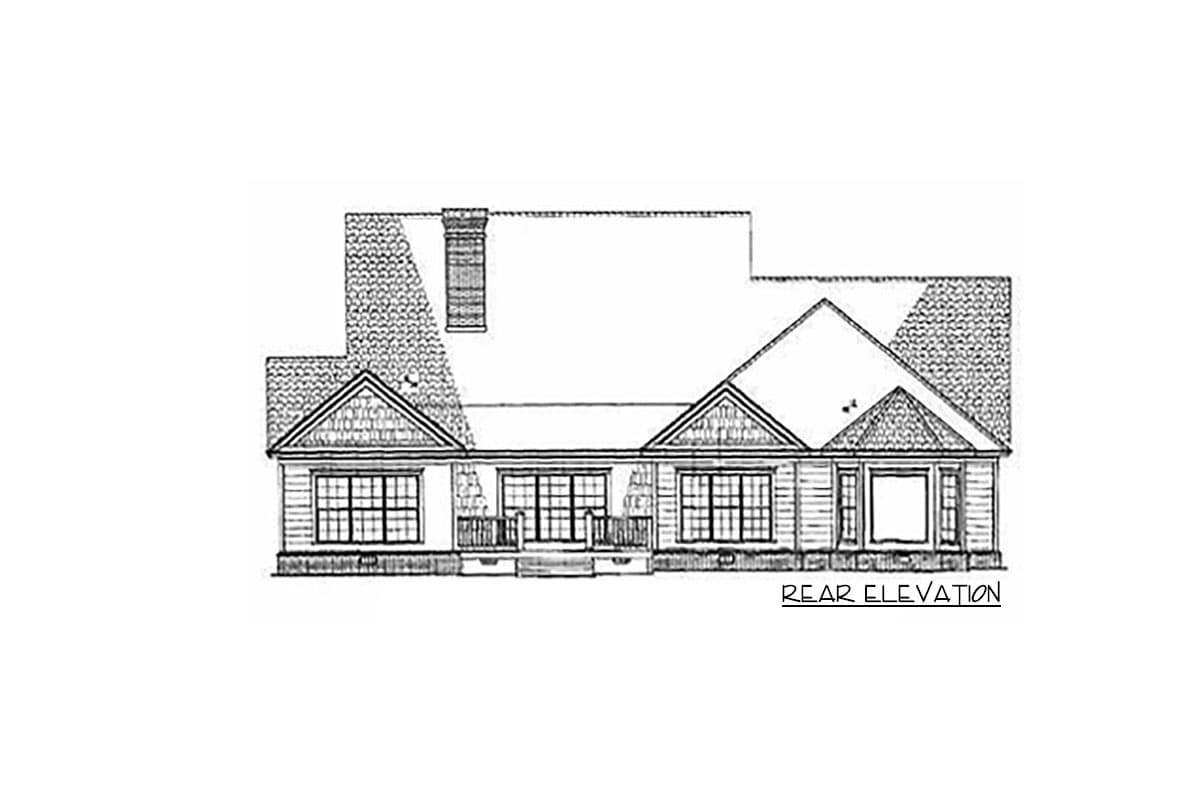 Rear elevation house plan drawing shows a single-story home with multiple gables, a prominent chimney, and a covered porch.