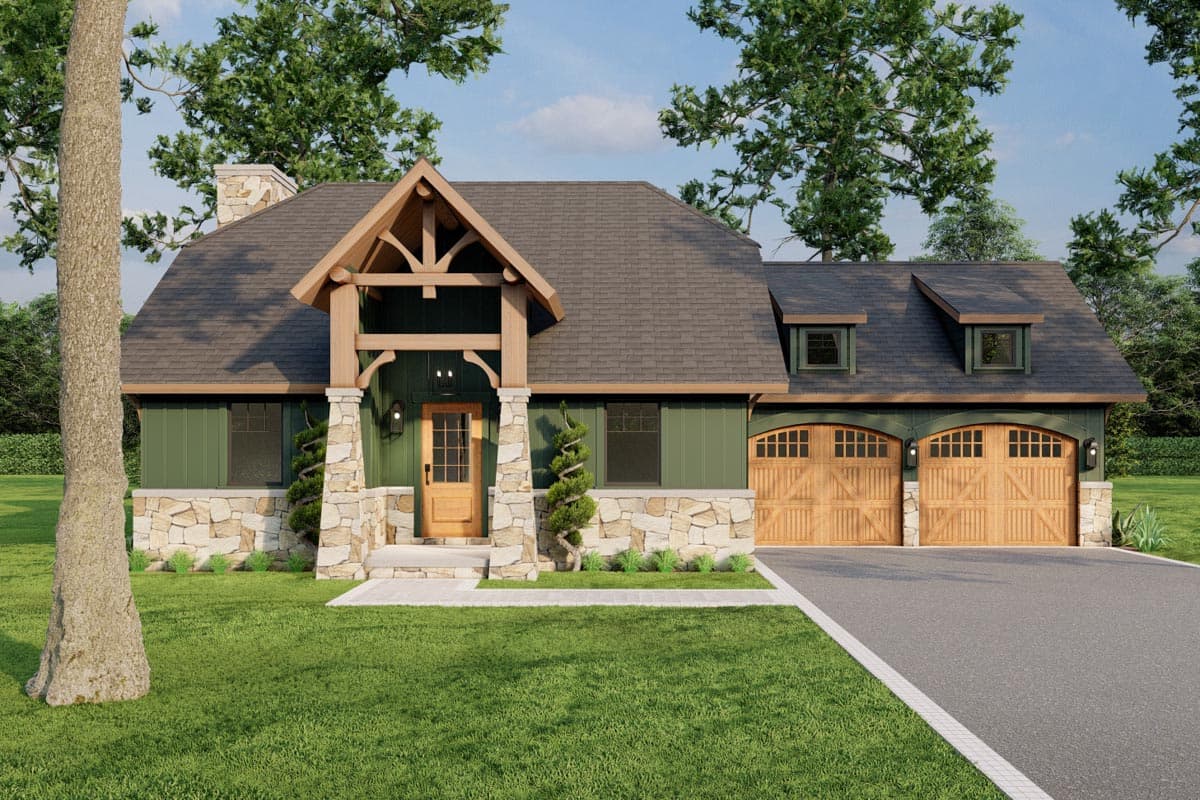 House plan exterior: Craftsman style, one-and-a-half stories, with stone accents, timber frame entrance, and double garage.