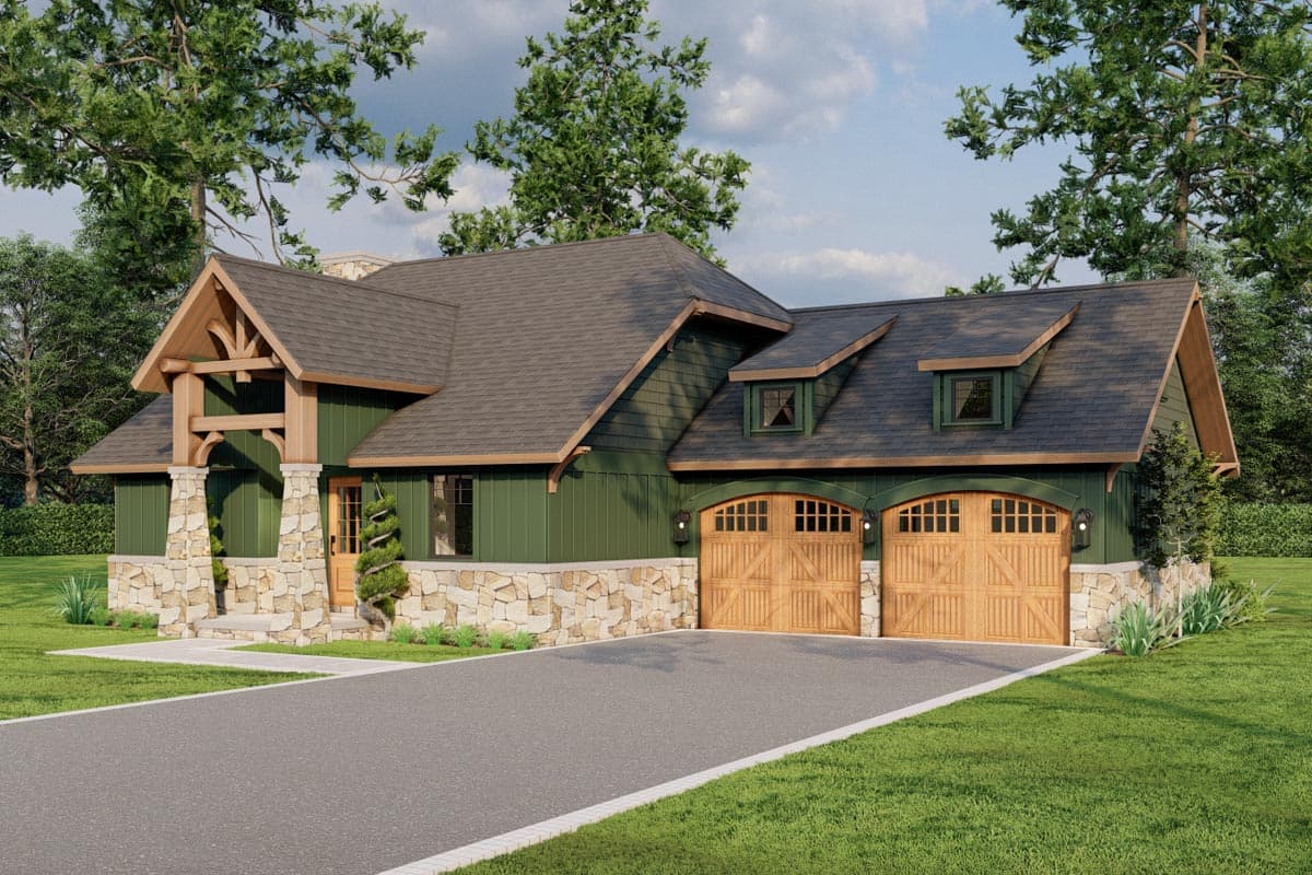 House plan exterior. Craftsman style with a stone and wood facade. Features include a front porch, gabled roof, and two-car garage with arched doors.