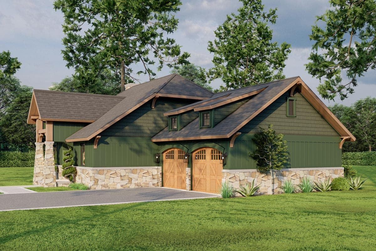 House plan exterior: Craftsman style, stone foundation, wood garage doors, and dormers.