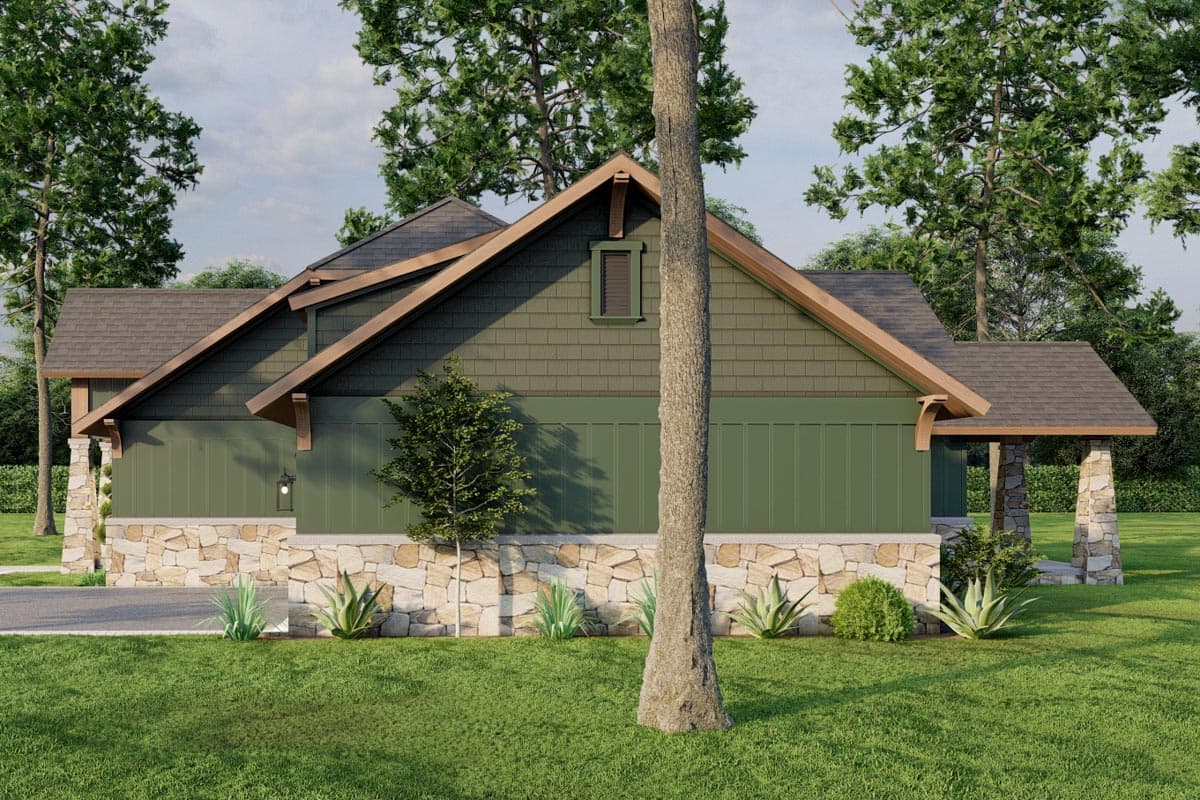 House plan exterior rendering: Craftsman style with stone base, green siding, gabled roof, and exposed rafter tails.