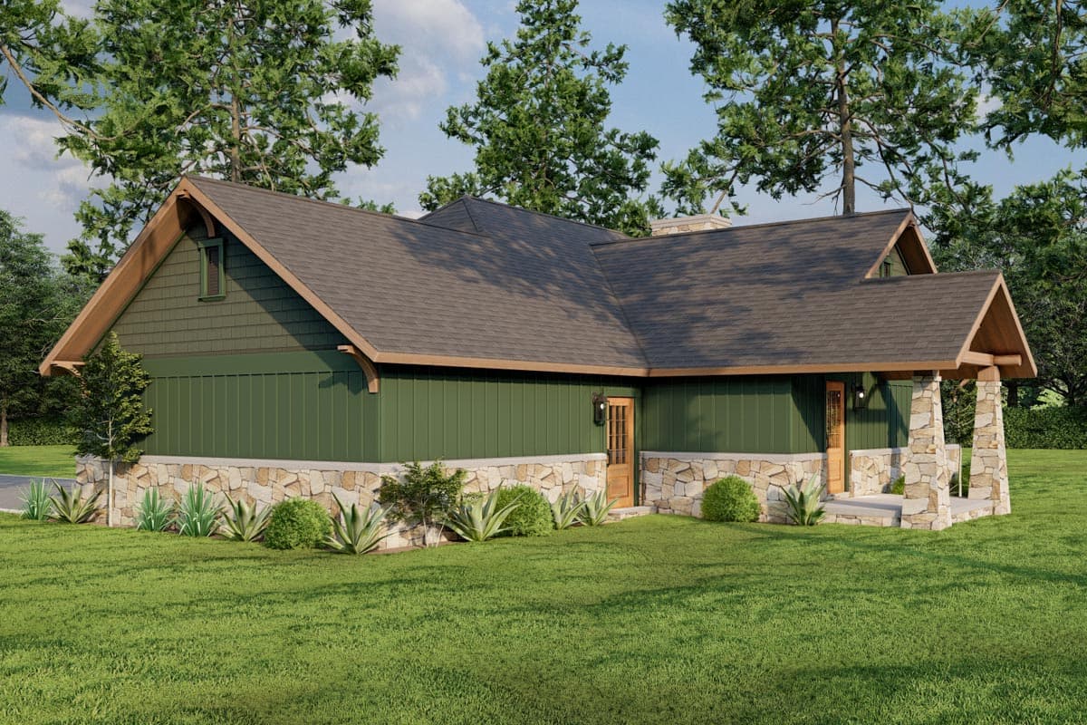 House plan exterior with stone base, green siding, gables, and stone-clad porch posts.
