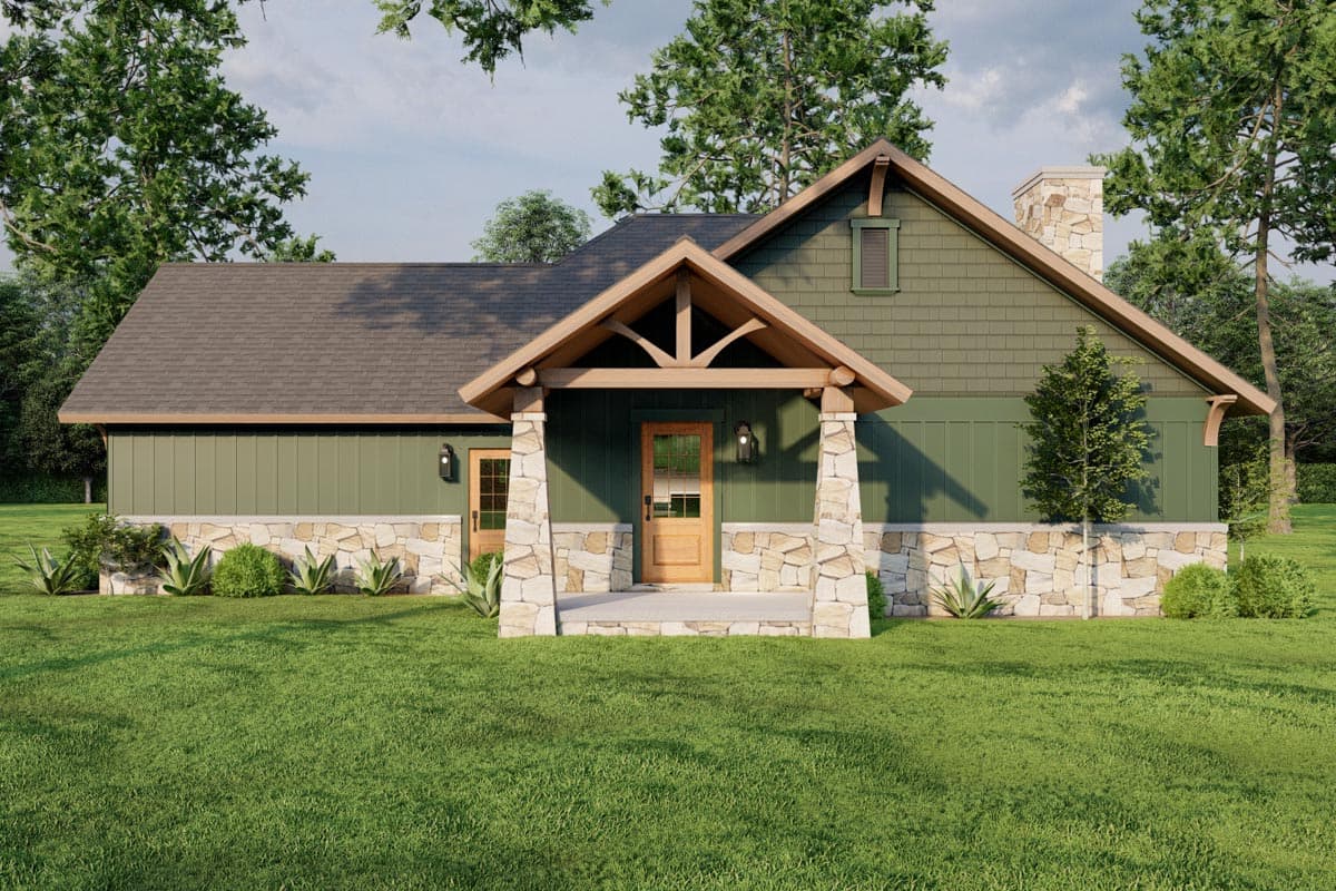 House plan exterior shows a one-story home with a covered front porch, stone foundation, and a prominent gabled entrance.