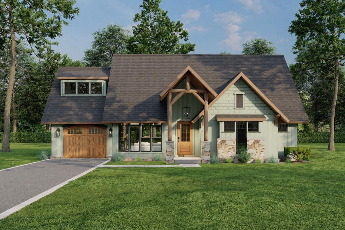 House plan exterior. Craftsman-style home with gabled roof, timber-framed entry porch, and attached garage. Two stories with dormer.