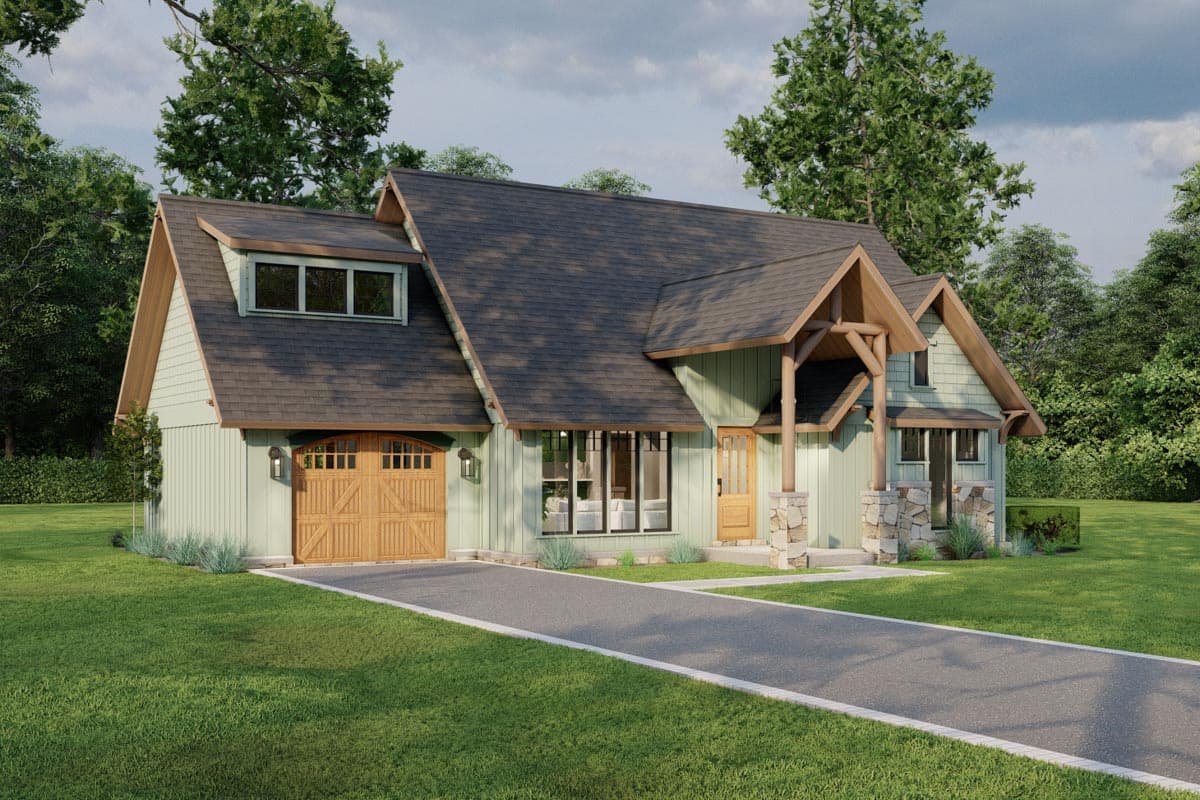 House plan exterior with wood accents, dormer window, front-facing garage, and stone-base porch columns.