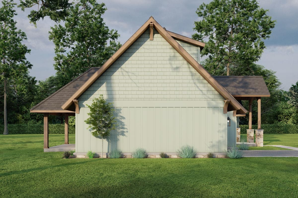 House plan exterior with shake siding, board-and-batten lower level, and exposed rafter tails on a gable roof.