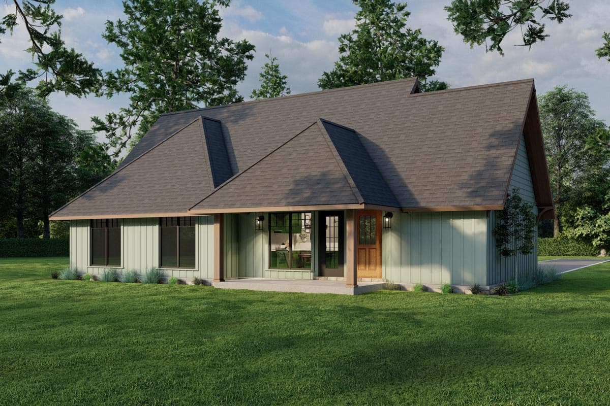 House plan exterior featuring a low-pitched roof, multiple gables, and siding. Includes a covered porch with wood columns and a wood-paneled door.