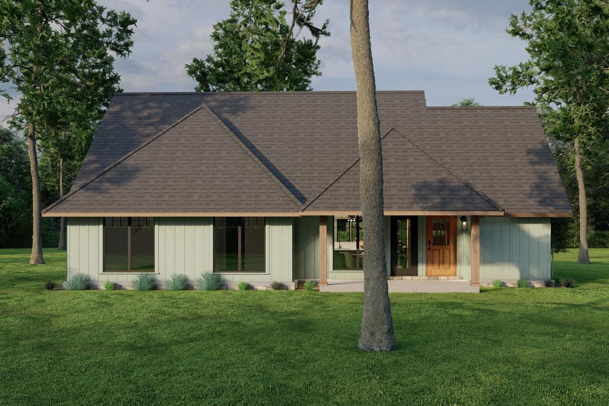 House plan exterior rendering of a one-story home with a prominent gable roof, vertical siding, and a wooden front door.