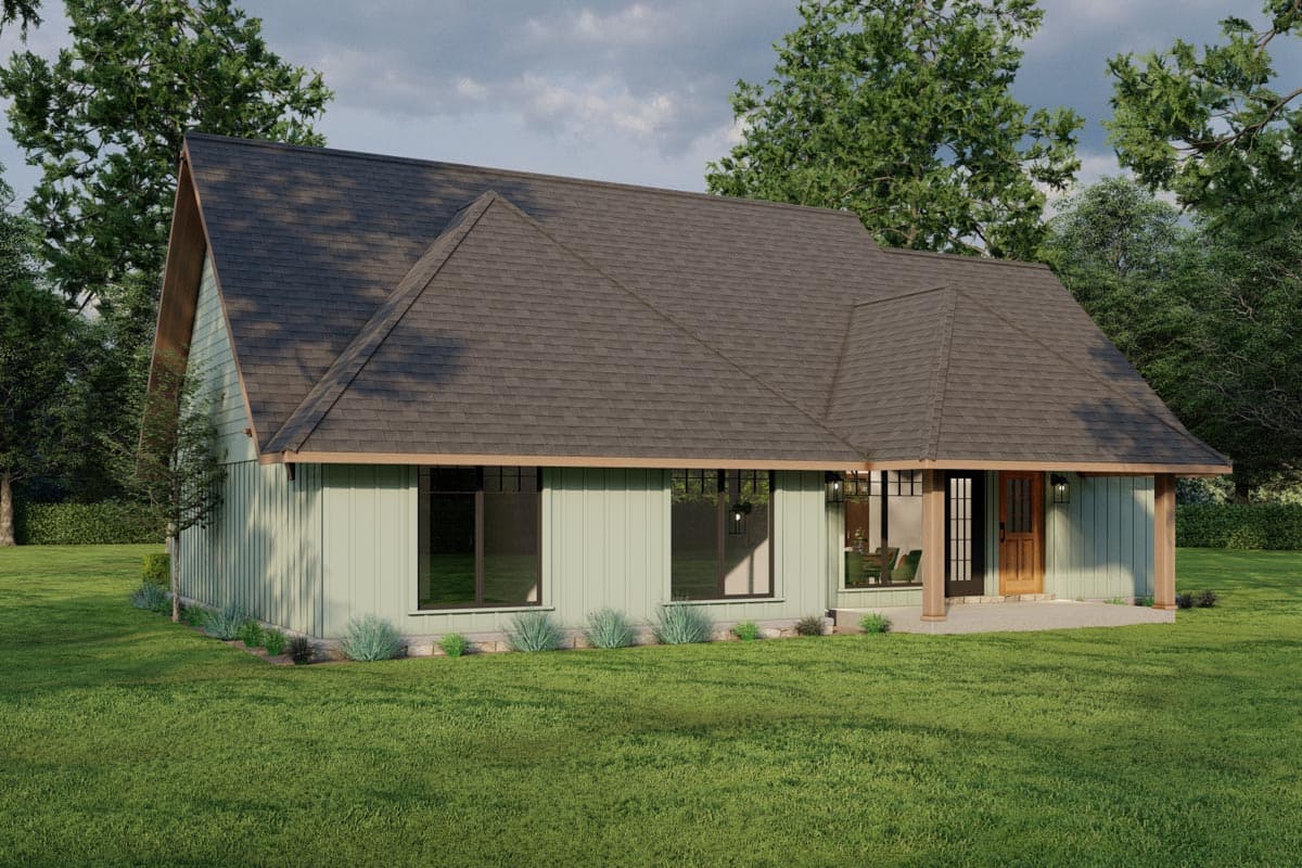 House plan exterior: Modern style, single-story, with a prominent gable, wide overhangs, and a covered entry.