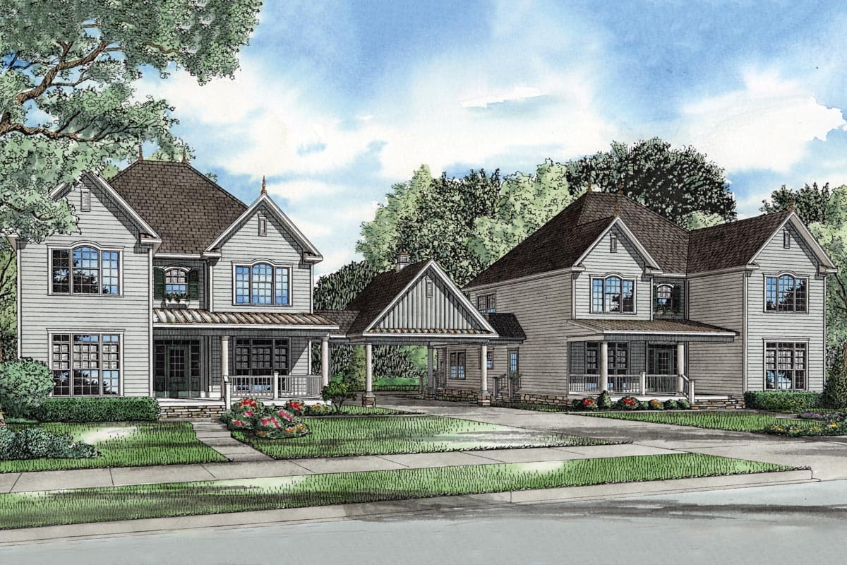 House plan exterior view of two-story homes flanking a porte-cochère, featuring gables, porches, and varied rooflines.