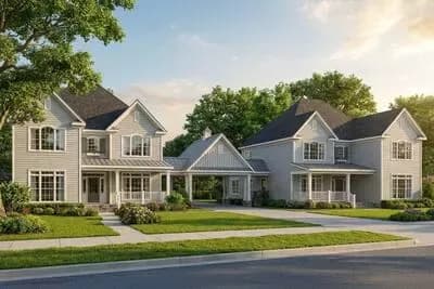 Two Single-Family Victorian Home Plans with Shared Porte Cochere
