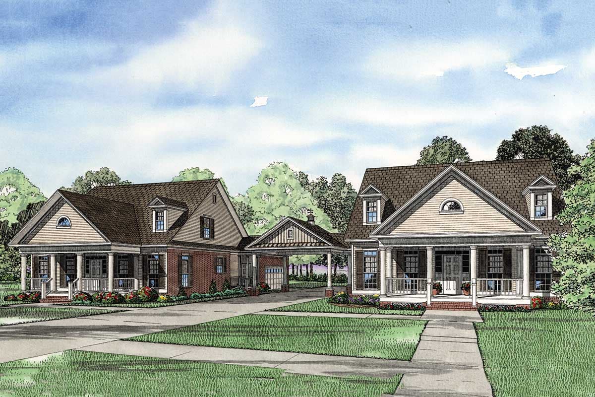 House plan exterior with one-story main house, connected garage, and second story with dormers.