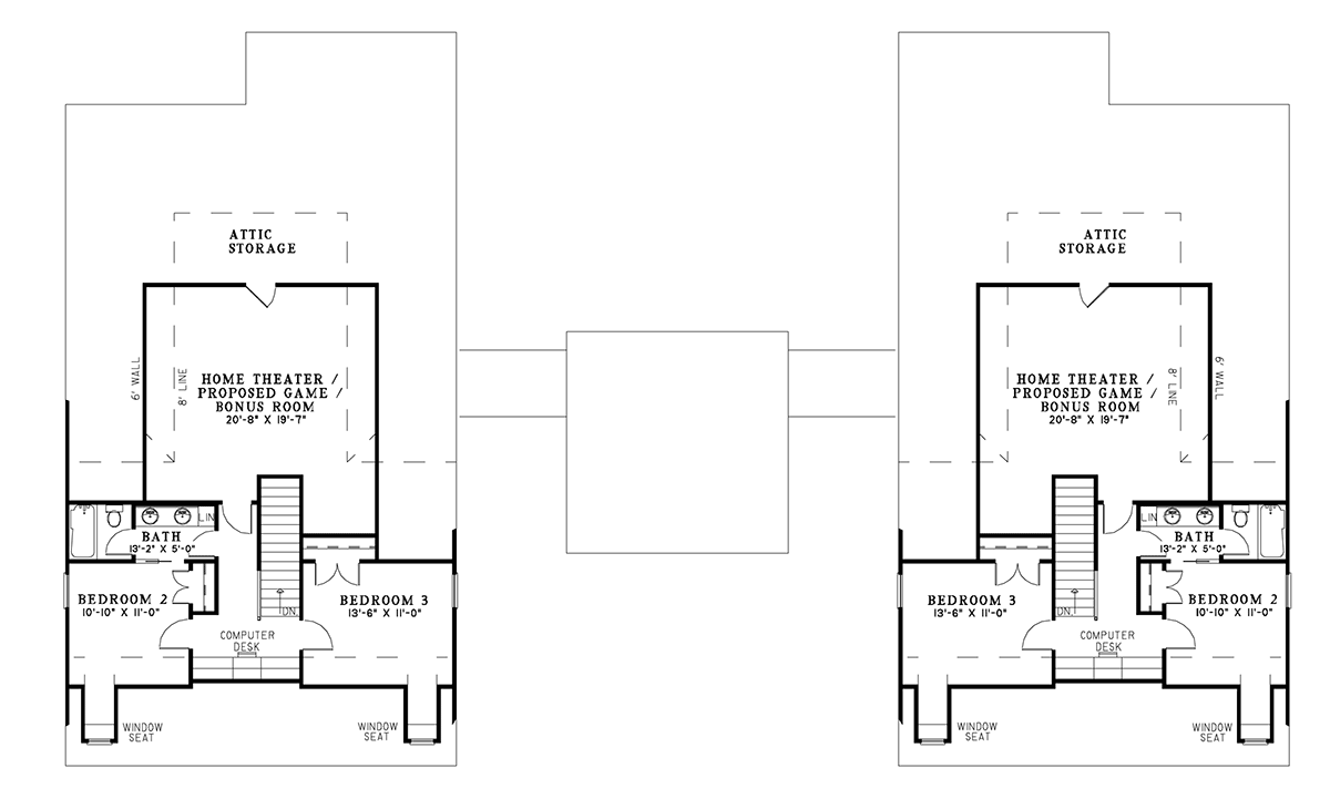 Plan 59774ND: Duplex House Plan with Shared Porte-Cochere with 2200 Square Foot 3-Bed Units - Floor Plan - 2nd Floor - Country, Traditional