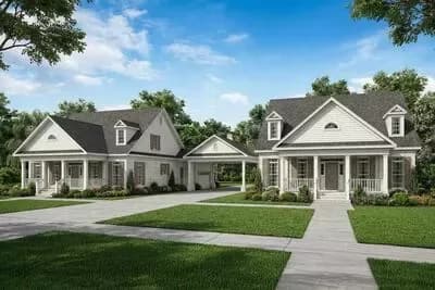 Duplex House Plan with Shared Porte-Cochere with 2200 Square Foot 3-Bed Units