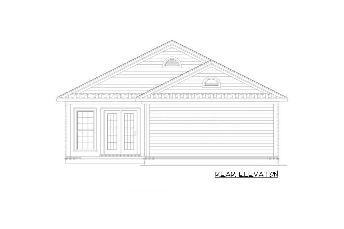 Rear elevation of a house plan with double doors, a single window, and gabled roof with dormer windows.