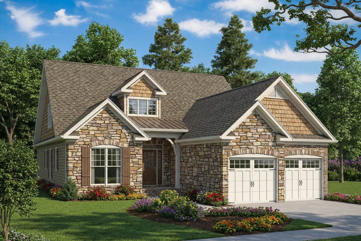 A stone-clad house with a brown shingle roof, arched garage, and manicured landscaping. The house is surrounded by trees under a blue sky.