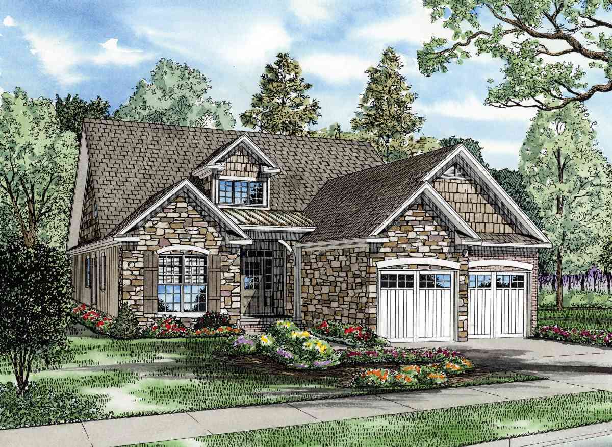 House plan exterior: Stone and shingle siding, gable dormer, and attached two-car garage.