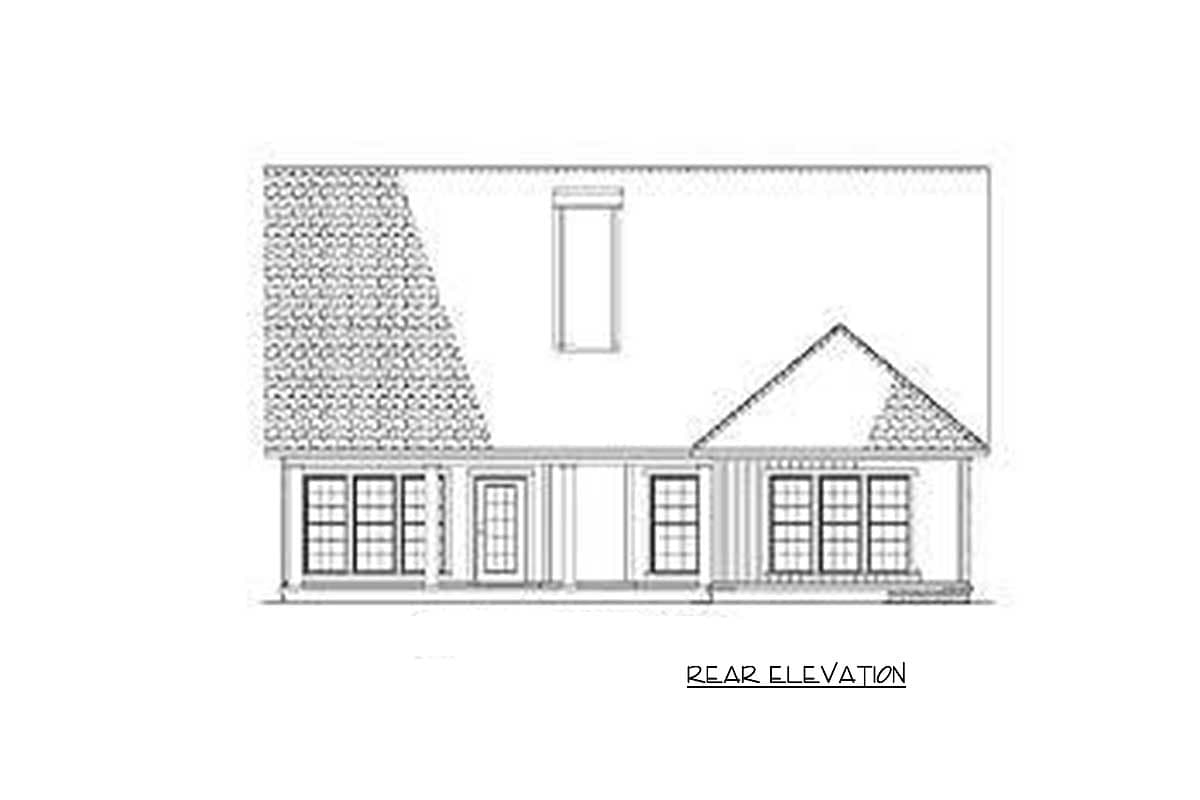 Rear elevation of a house plan featuring a gabled roof, shed dormer, central chimney, and porch.