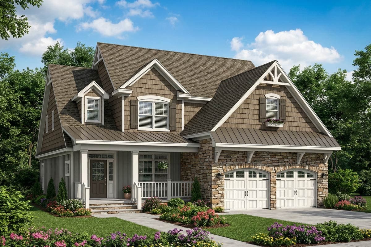 A craftsman-style house featuring a stone facade, shingle roof, and a welcoming front porch with white columns, set against a blue sky.