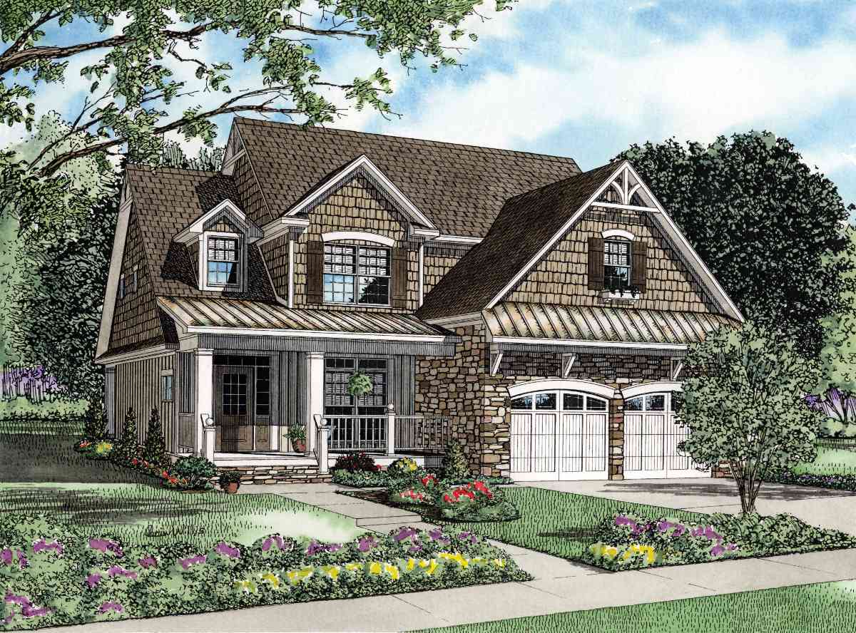 Craftsman style house plan exterior featuring a covered porch, stone accents, dormers, and a side-entry two-car garage.