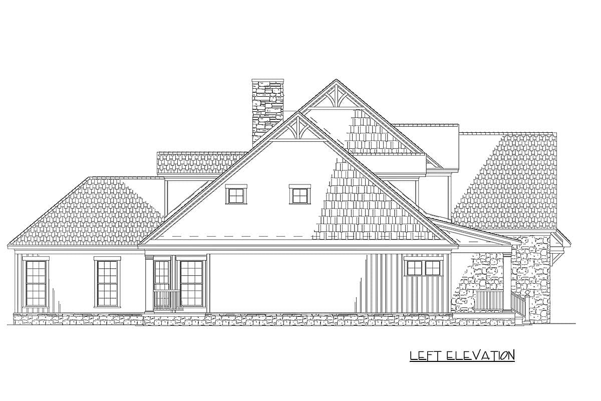 Left elevation house plan: multi-story with gabled roof, stone chimney, dormers, and varied siding.