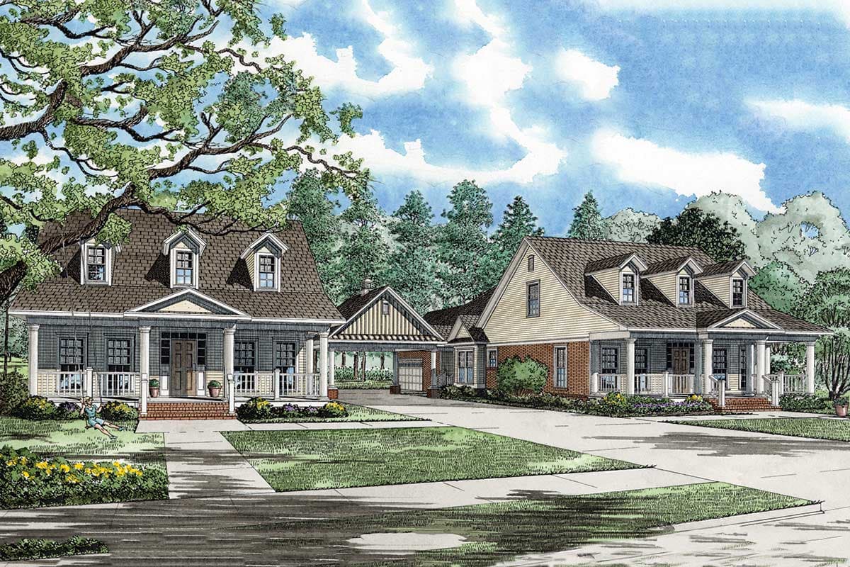 House plan exterior of two-story homes with dormers, wraparound porches, and a detached porte-cochère.