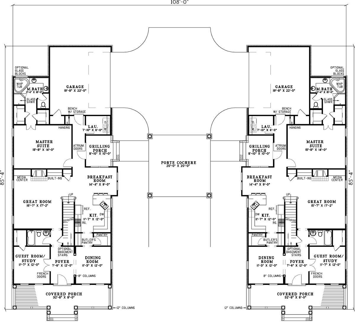 Plan 59778ND: Two Family House Plan with Shared Porte Cochere - Floor Plan - Main Level - Country, Traditional