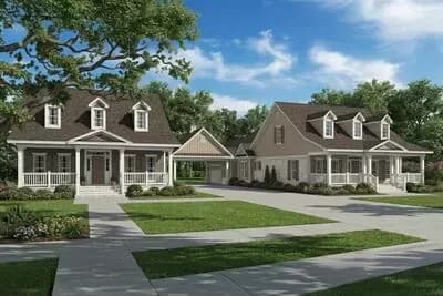 Two Family House Plan with Shared Porte Cochere