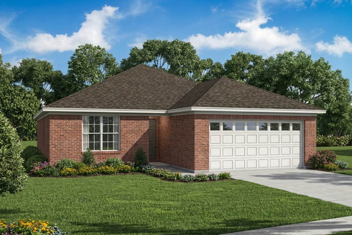 A newly constructed one-story brick home featuring a two-car garage, brown roof, and well-manicured lawn with vibrant landscaping under a sunny sky.