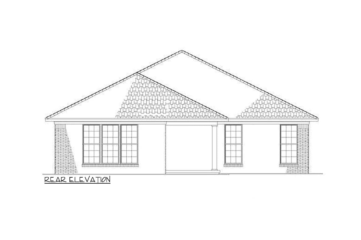 Rear elevation drawing of a one-story house plan with brick accents, multiple windows, and a covered porch.