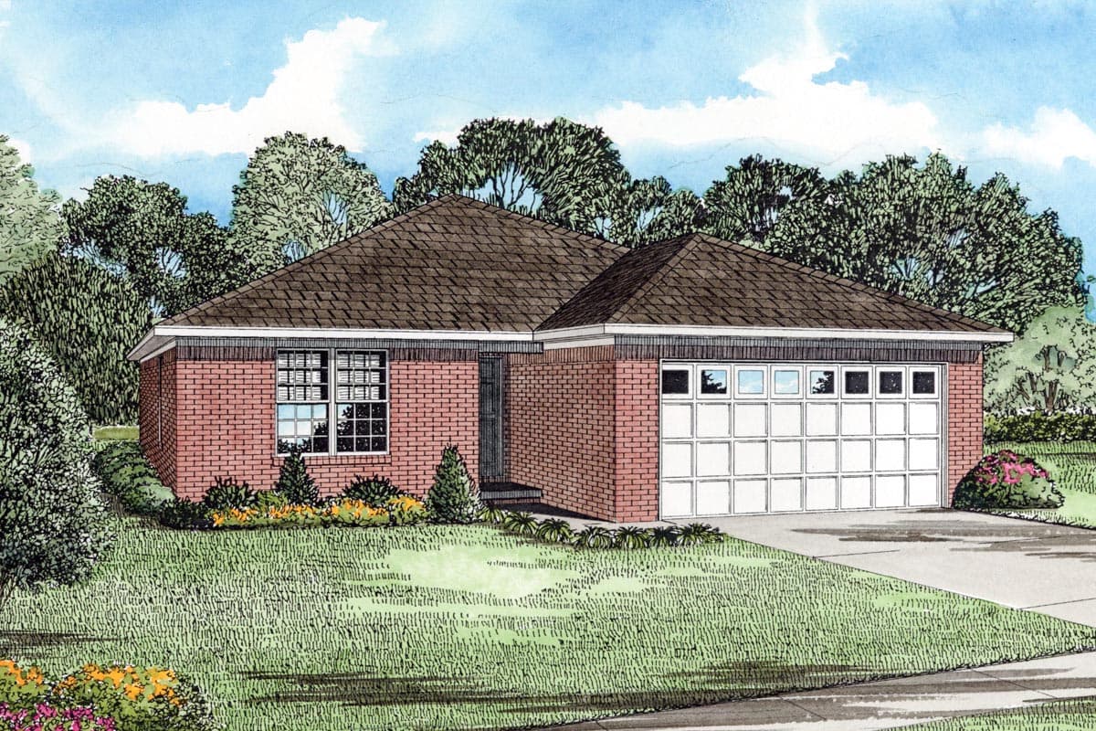 House plan exterior, one story, brick facade, prominent rooflines, attached two-car garage, central front entry.